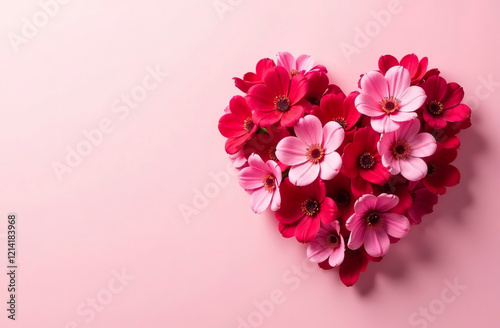 A heart of beautiful pink flowers on a pink background, Valentine's day, a place for text.