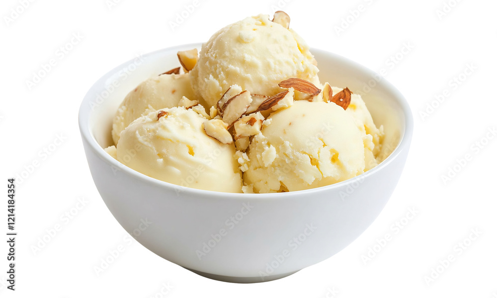 Creamy vanilla ice cream scoops topped with almonds in a white bowl Creamy vanilla ice cream scoops topped with almonds in a white bowl
