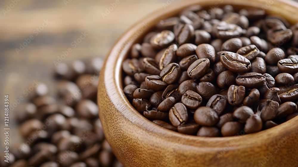 Fototapeta premium Wooden Bowl Filled with Aromatic Roasted Coffee Beans : Generative AI