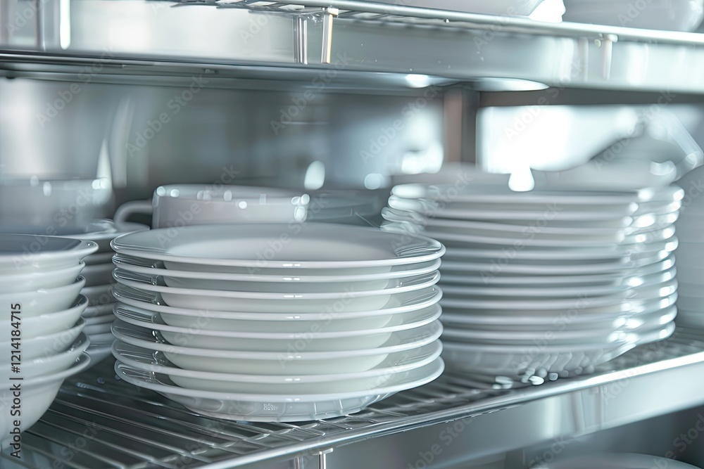 Premium Quality Image of Clean Crockery Stacked on Stainless Steel Shelf Premium Quality Image of Clean Crockery Stacked on Stainless Steel Shelf