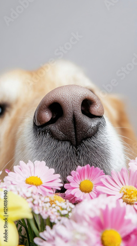 Curious dog sniffing fresh bouquet of colorful flowers in close up