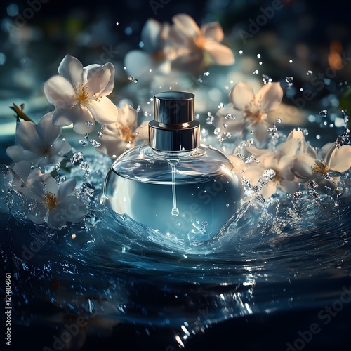 Elegant Perfume Bottle Splashing in Water with Vibrant Lighting