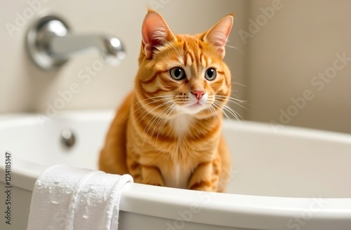 A red-haired cat is sitting in a bathtub with a towel.