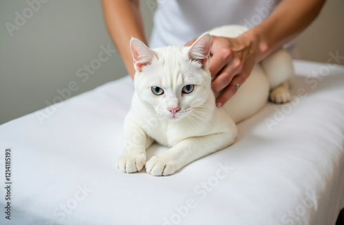 A white cat with blue eyes is lying on a massage table and his back is being kneaded.