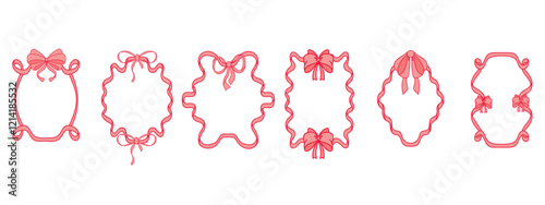 Coquettish elegant decorative frames set featuring a thin ribbon bow design with flowing hand drawn contours. Vector flat illustration for invitations, cards, and artistic projects