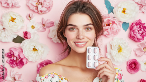 Close-up of woman holding antihistamine pill with floral background for health and allergy relief concept