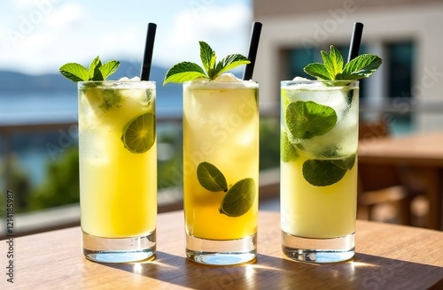 Three tall glasses with citrus cocktails are on the table in a cafe on a warm summer day on vacation.