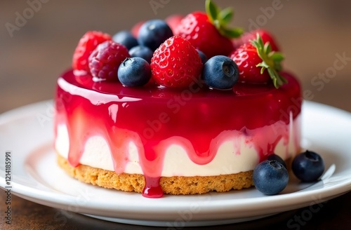 A small round berry pie with sponge cake and jam on a plate.