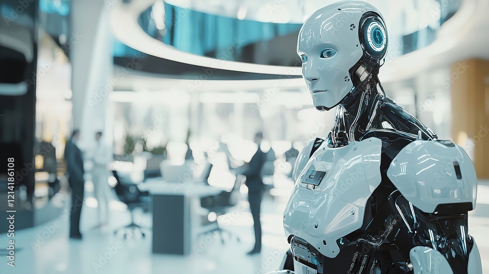Fototapeta premium AI Robot Meeting with Executives in Office: IT Technology Integration
