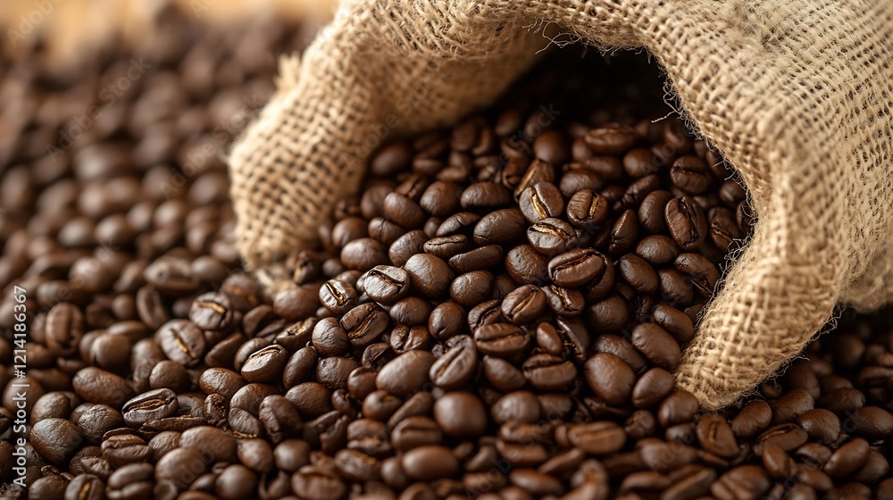 Fototapeta premium Handful Of Roasted Coffee Beans With Burlap Sack Aromatic Scene : Generative AI