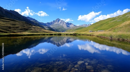 Serene mountain lake with crystal clear reflection of snowcapped peaks under a bright blue sky : Generative AI
