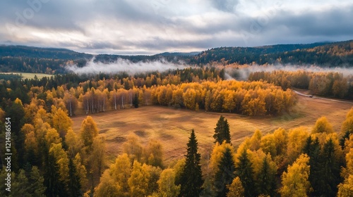 Aerial view of scenic autumn forest landscape with rolling hills under misty clouds : Generative AI