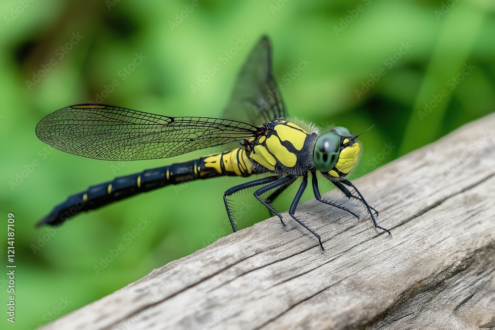 Vibrant Yellow And Black Dragonfly Perched On Weathered Wood Vibrant Yellow And Black Dragonfly Perched On Weathered Wood