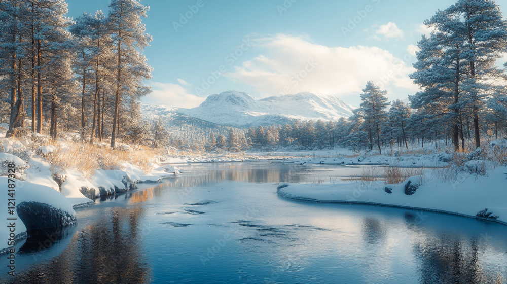 Obraz premium Snow-covered river meandering through a tranquil forest landscape under a clear blue sky