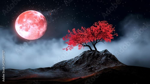 Wallpaper Mural Lonely tree on rocky hill blood moon with starry sky background Torontodigital.ca