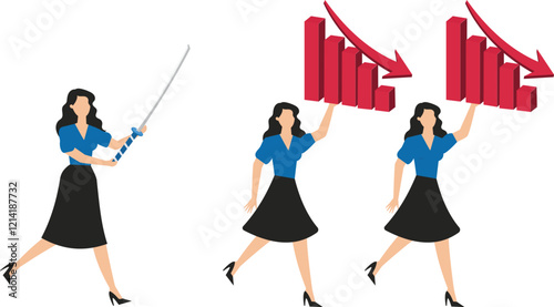 Raging boss, angry boss, declining economy or profits, underperforming employees, angry and bossy boss with a sword chasing after employees with declining marketing performance