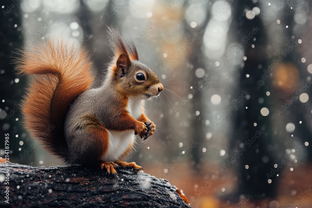 Squirrel foraging in a snowy forest during autumn season Squirrel foraging in a snowy forest during autumn season