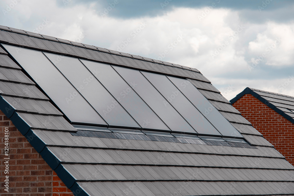 Modern rooftop with solar panels reflecting the sky in a residential area Modern rooftop with solar panels reflecting the sky in a residential area