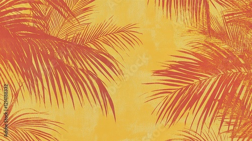 Red and orange palm leaves on a textured yellow background.
