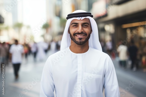 Portrait of a smiling arab man wearing traditional emirati clothing in a bustling city center in dubai photo