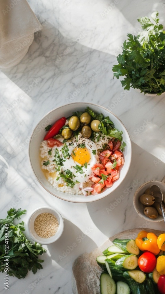 Traditional Egyptian breakfast of ful with olives and fresh vegetables Traditional Egyptian breakfast of ful with olives and fresh vegetables