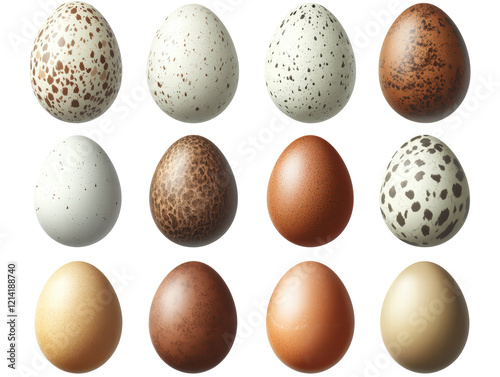 Isolated collection of various bird eggs