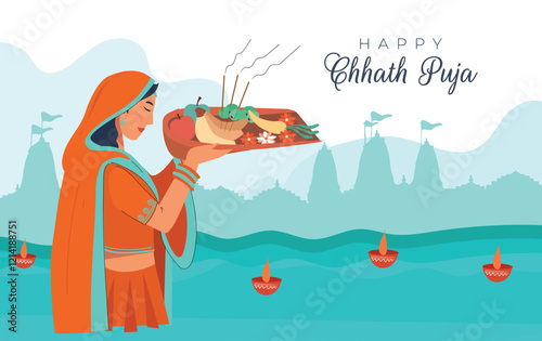 Devotional Offerings at Chhath Puja Celebration Illustration A family performing Chhath Puja by the river, offering fruits and prayers.