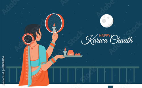 Elegant Karwa Chauth Moon Ritual Illustration A beautifully dressed woman gazing at the moon through a sieve, with her husband by her side.