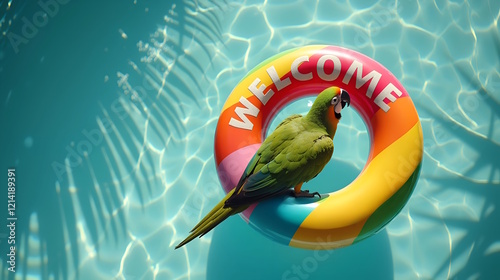 a parrot swims on an inflatable ring with the inscription 
