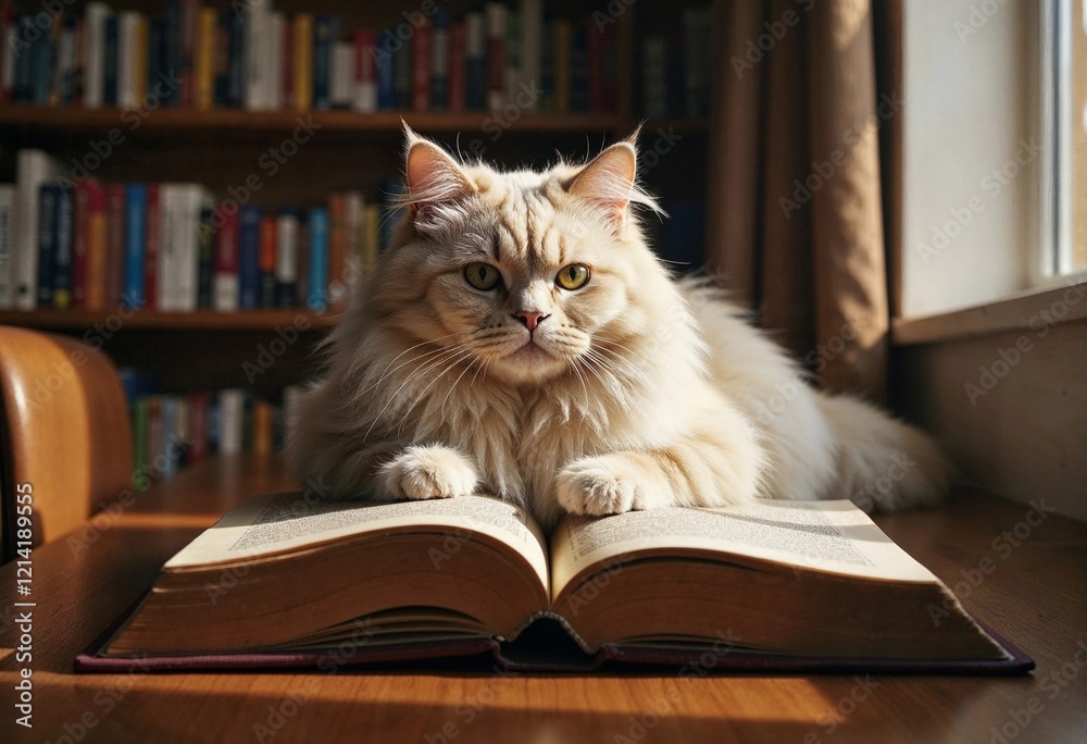 Adorable Fluffy Cat Lounging on an Open Book in a Cozy Library Filled With Colorful Shelves. Generative AI Adorable Fluffy Cat Lounging on an Open Book in a Cozy Library Filled With Colorful Shelves. Generative AI