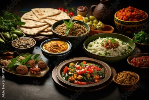 Variety of middle eastern or north african dishes served in rustic bowls, creating a vibrant and appetizing culinary scene