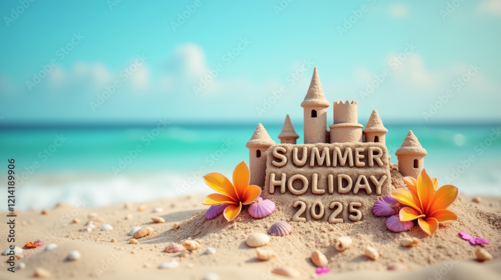 SUMMER HOLIDAY 2025 text on the sandcastle SUMMER HOLIDAY 2025 text on the sandcastle