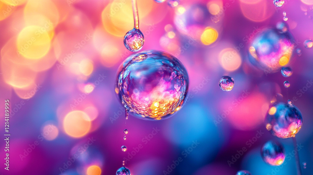 Colorful water droplets creating a vibrant atmosphere in a dreamy setting Colorful water droplets creating a vibrant atmosphere in a dreamy setting