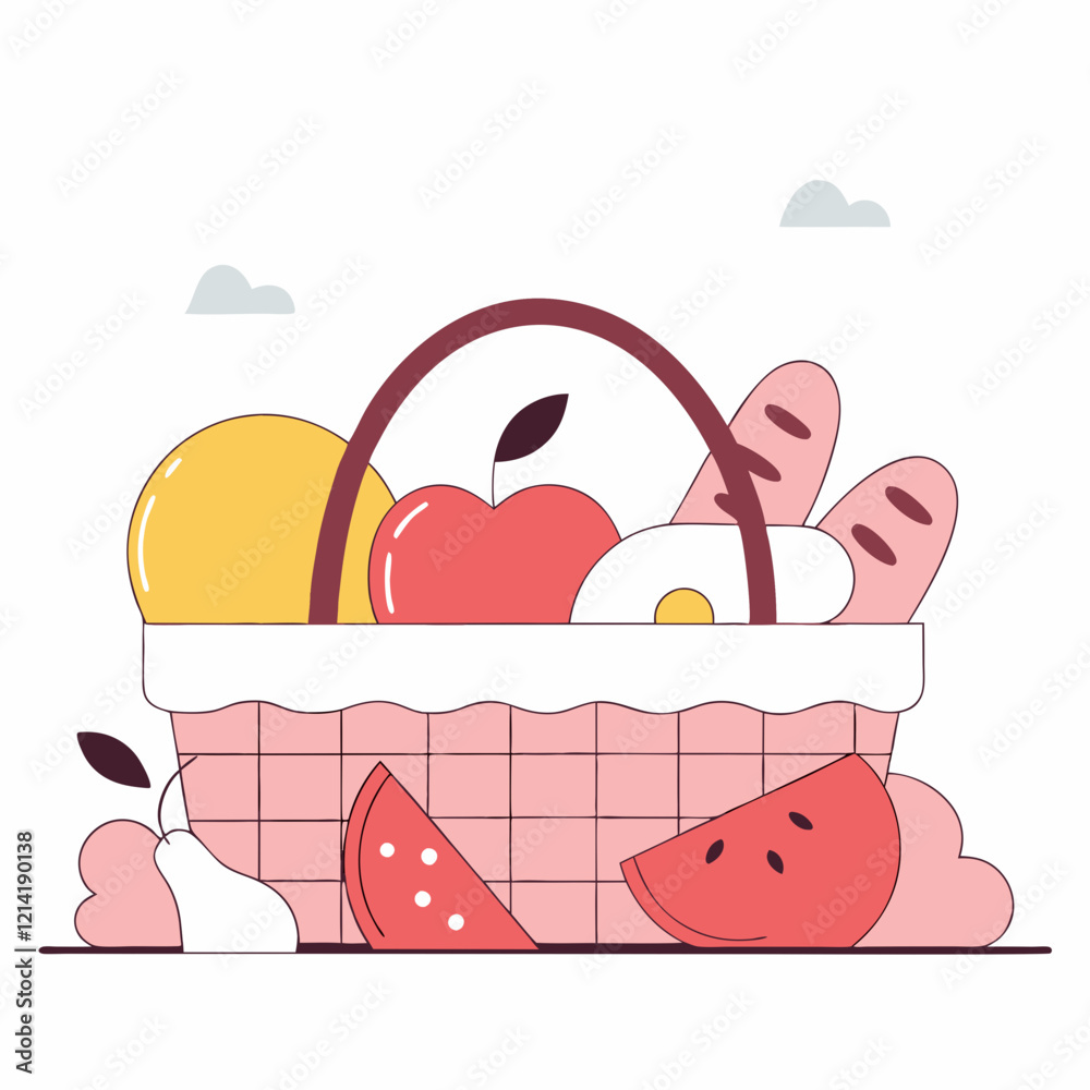 Fototapeta premium Picnic basket with fresh fruit and drinks for leisure and food blogs