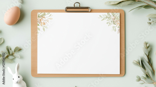 Easter themed menu mockup with wooden clipboard and floral decoration
