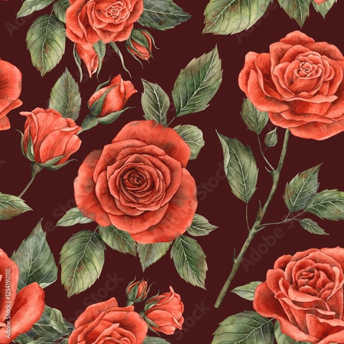 Red bright realistic roses with buds and leaves, open envelope and sealed envelope with wax seal. Watercolor hand-drawn frame, suitable for decorating holidays Valentine's Day, weddings, birthdays.