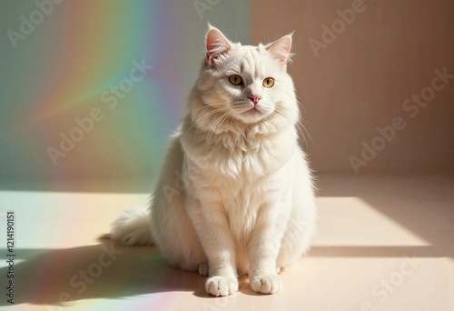 Soft White Cat Sitting in a Sunlit Room With Colorful Reflections on the Floor During a Peaceful Afternoon. Generative AI