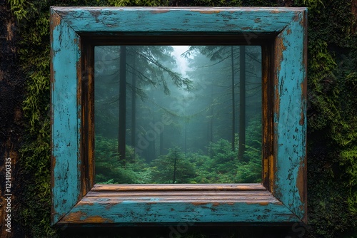 Forest View Through a Rustic Frame: Nature's Art in a Wooden Setting for Home Decor and Inspiration photo