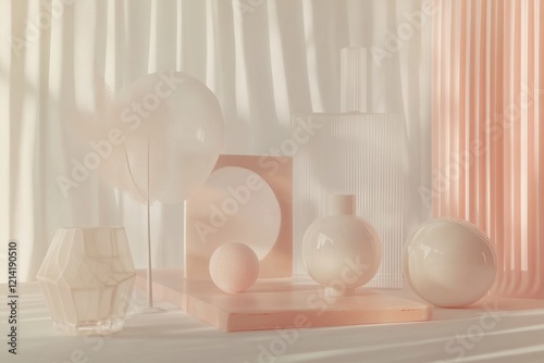 Soft pastel aesthetic arrangement with minimalistic shapes and textures in natural light