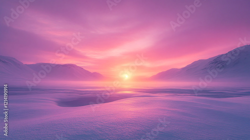 Vibrant sunset over a snow-covered landscape in the mountains during winter