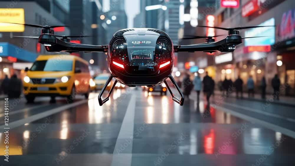 Amidst a vibrant city bustling with life, a sleek drone glides effortlessly through the streets, illuminated by the glow of neon lights as day turns to night. Amidst a vibrant city bustling with life, a sleek drone glides effortlessly through the streets, illuminated by the glow of neon lights as day turns to night.