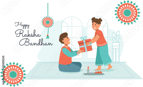 Happy Raksha Bandhan Celebration Illustration with Brother and Sister A festive illustration with a sister tying a rakhi and a decorative background.