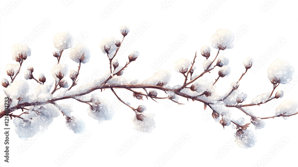 Snow-covered branch with delicate buds in a serene winter landscape Snow-covered branch with delicate buds in a serene winter landscape