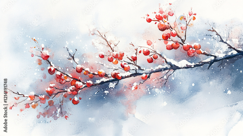 Winter branch with red berries and soft snow against a pale background Winter branch with red berries and soft snow against a pale background