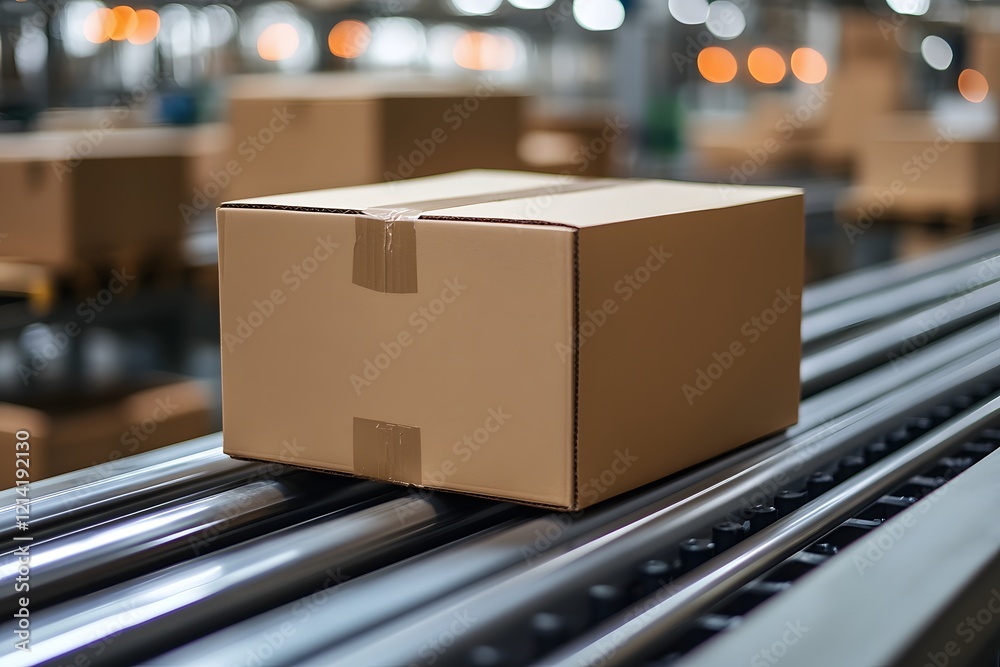 Industrial Packaging and Logistics Concept with Cardboard Box on Conveyor Belt Industrial Packaging and Logistics Concept with Cardboard Box on Conveyor Belt