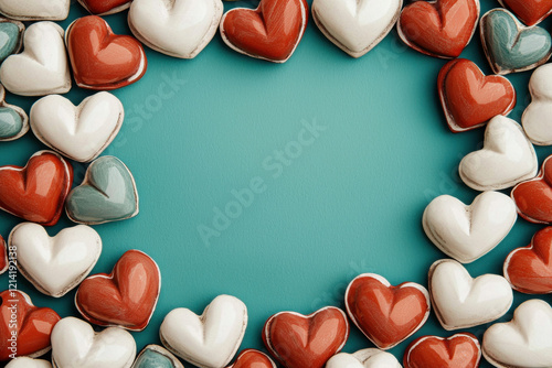 Heart shaped cookies frame on teal background