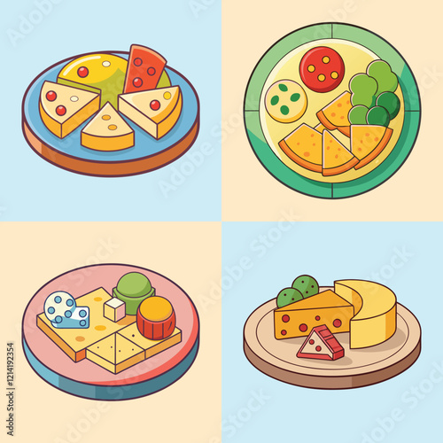 cartoon cheese platter vector illustration in colorful grid - a vibrant illustration of four cheese platter, perfect for logos, icons and, food themed designs