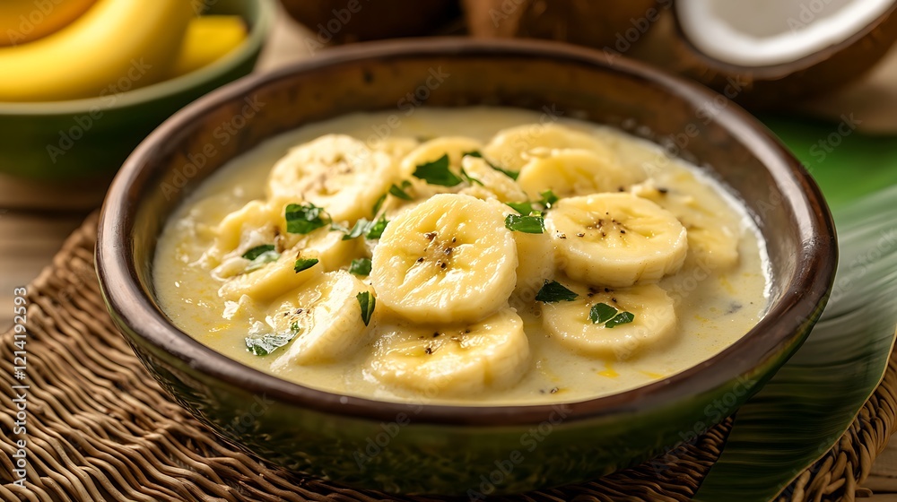Banana Slices in Coconut Milk with Fresh Green Garnish Banana Slices in Coconut Milk with Fresh Green Garnish