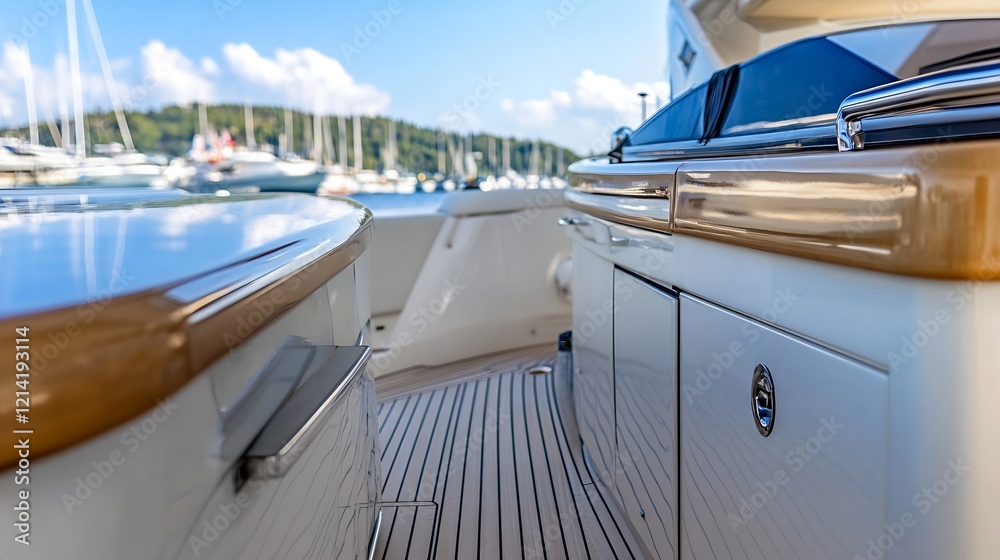 Fototapeta premium Luxury Yacht Interior with Elegant Deck Design and Scenic Marina View : Generative AI