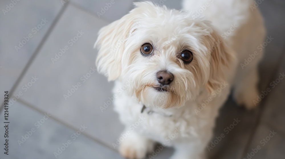 Adorable White Fluffy Dog With Curious Expression Standing on Gray Tiled Floor Indoors : Generative AI Adorable White Fluffy Dog With Curious Expression Standing on Gray Tiled Floor Indoors : Generative AI